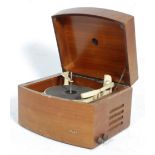 A 1950's mid century walnut cased Pye Black Box record player. The hinged top opening to reveal