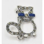 A stamped 925 silver brooch in the form of a cat with pierced decoration set with marcasites and