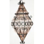 An antique globular glass pink pendant light having glass bubble shade with filigree / wired