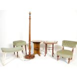 A collection of antique furniture to include an oak side table, a tuned leg footstool, a carved