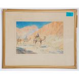 A good early 20th Century vintage watercolour painting depicting three men riding camels in the