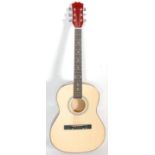 A vintage six string acoustic guitar having an inlaid fretboard with chrome tuning pegs. Having a
