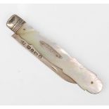 An antique silver hallmarked fruit knife having a mother of pearl blade with a central panel