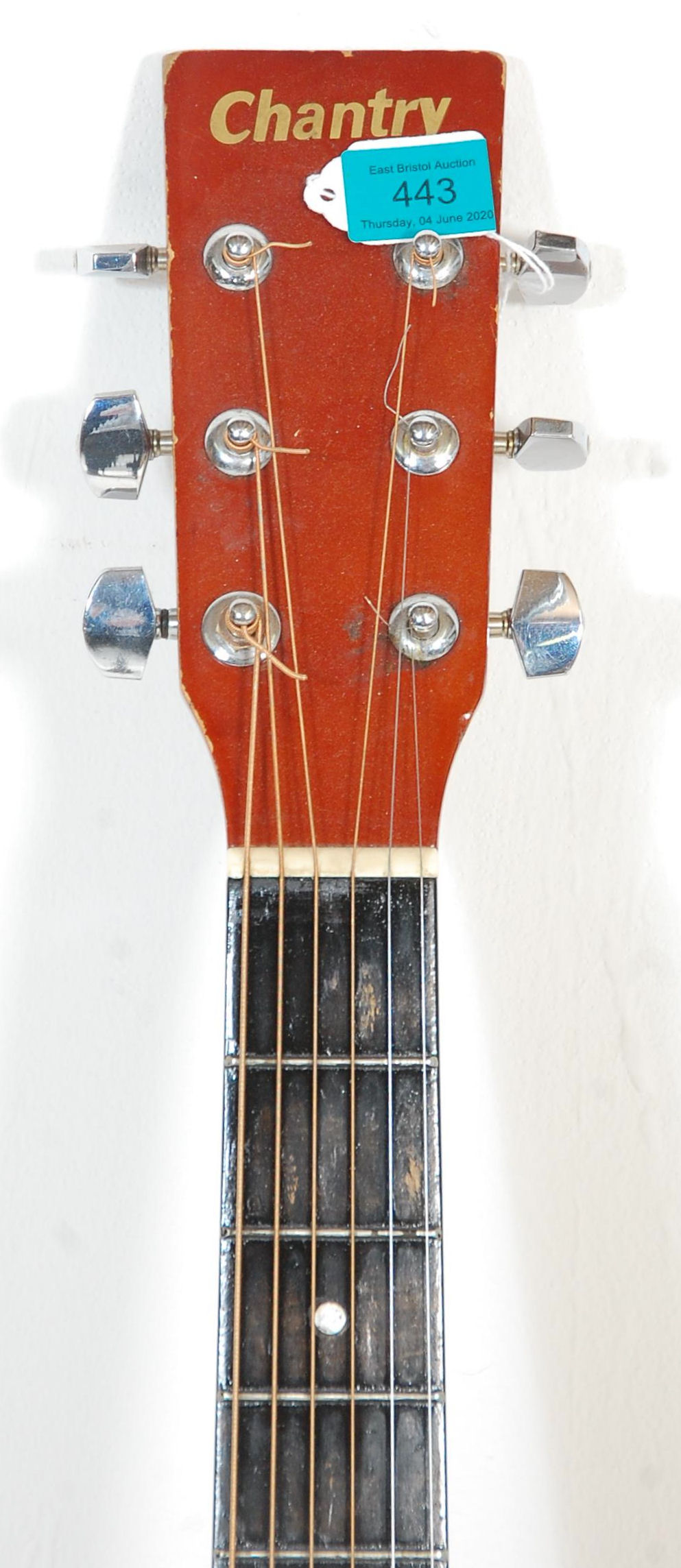 A good Chantry made acoustic guitar having a black scratch board inlaid fret board and chrome tuning - Image 3 of 7