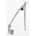A silver hallmarked curb link pocket watch chain complete with a swivel fob set with black and red