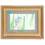 Roy Gamblin - A watercolour painting of a kingfisher bird with grass blades to the background.