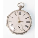 A 19th Century Victorian silver pocket watch having a white face with enamelled roman numerals to