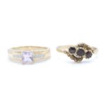 2 hallmarked 9ct gold gem set rings to include a modern ring set with a pink princess cut stone