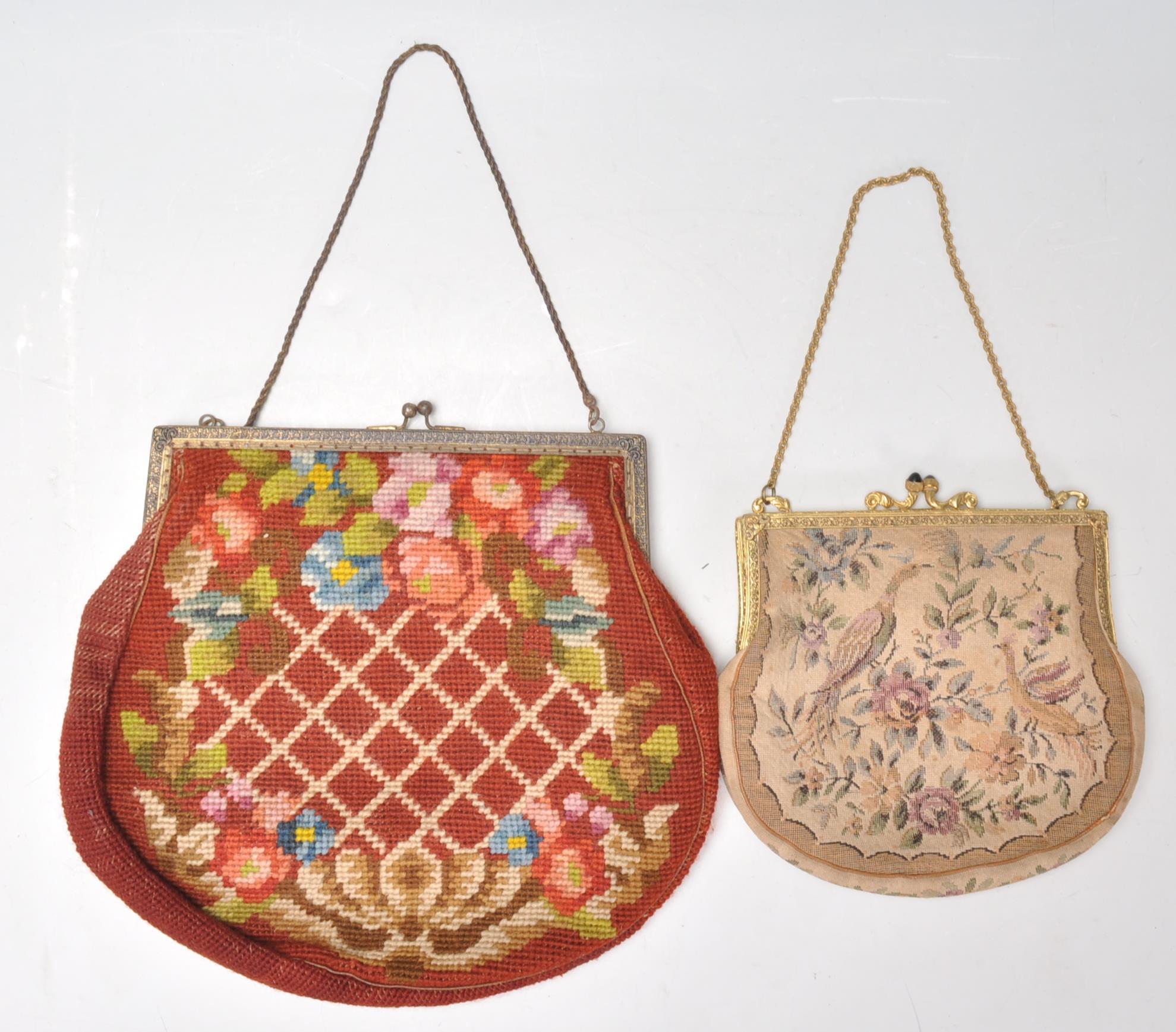 Two vintage 1920's / 1930's embroidered petit point occasional handbags to include one decorated