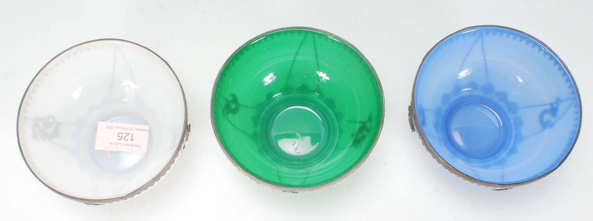 A group of three early 20th Century Chinese brass mounted multi coloured glass bowls having white - Bild 4 aus 7