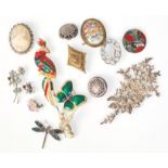 A collection of vintage costume jewellery brooches to include an enamel set bird of paradise, enamel