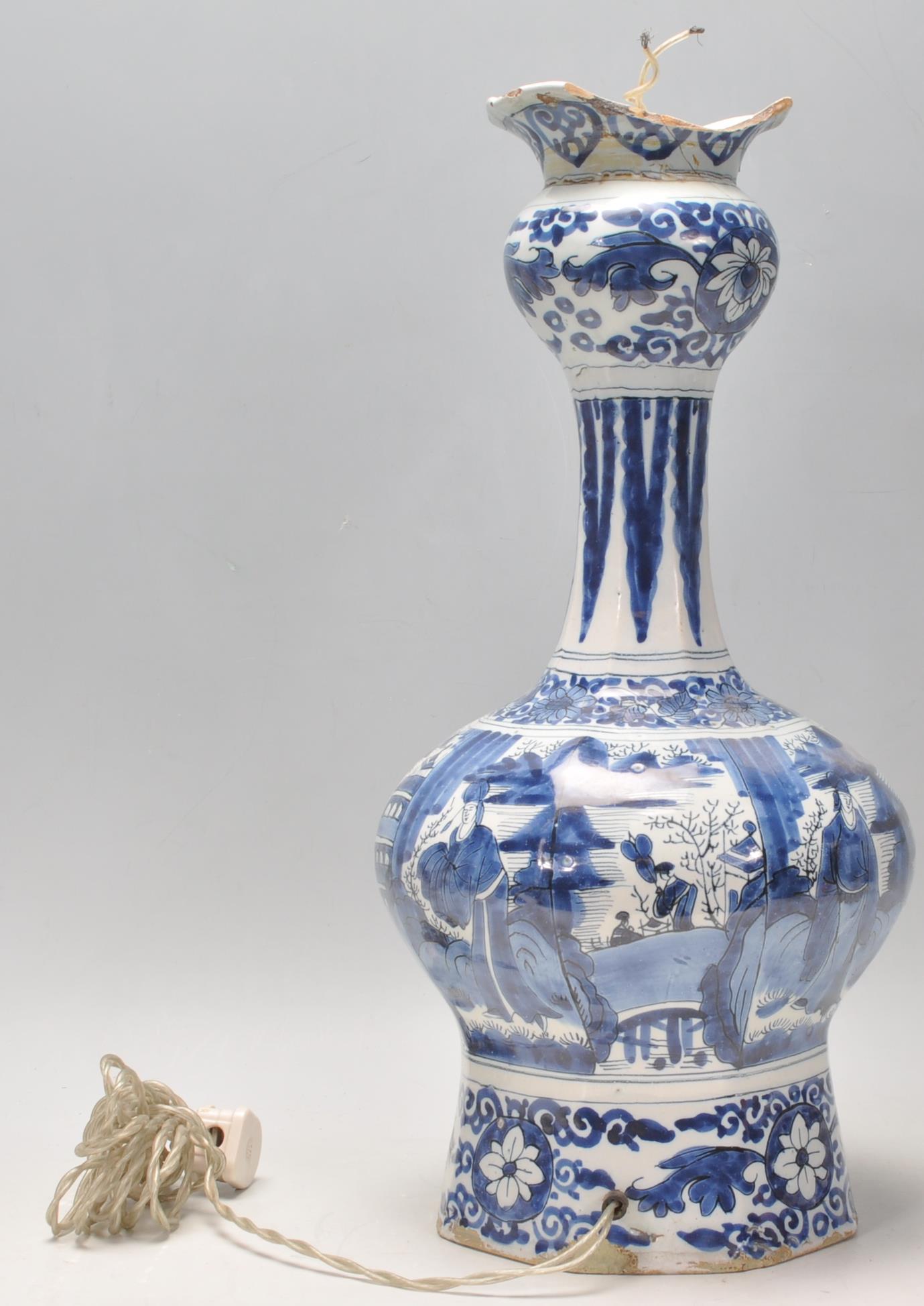 An 18th Century Delft Chinese style guglet / tulip vase converted into a lamp, being hand painted in - Image 7 of 14