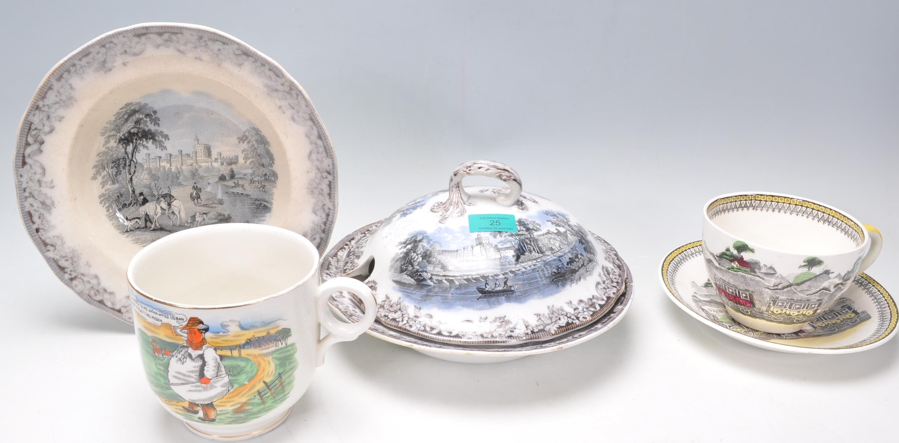 A collection of 19th Century ceramics to include a motto mug, transfer printed prattware plate and - Image 2 of 11