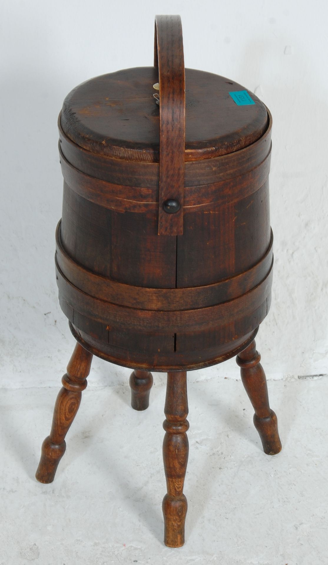 A 20th Century stained pine coopered wine cooler barrel / planter raised on turned supports with a - Bild 3 aus 7