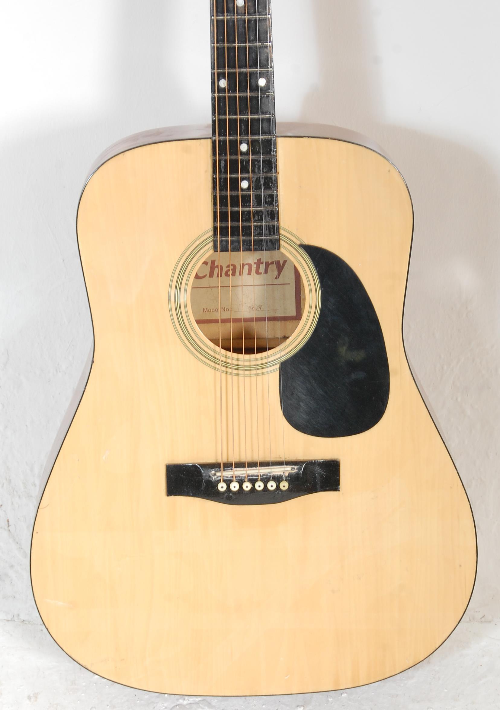 A good Chantry made acoustic guitar having a black scratch board inlaid fret board and chrome tuning - Image 2 of 7