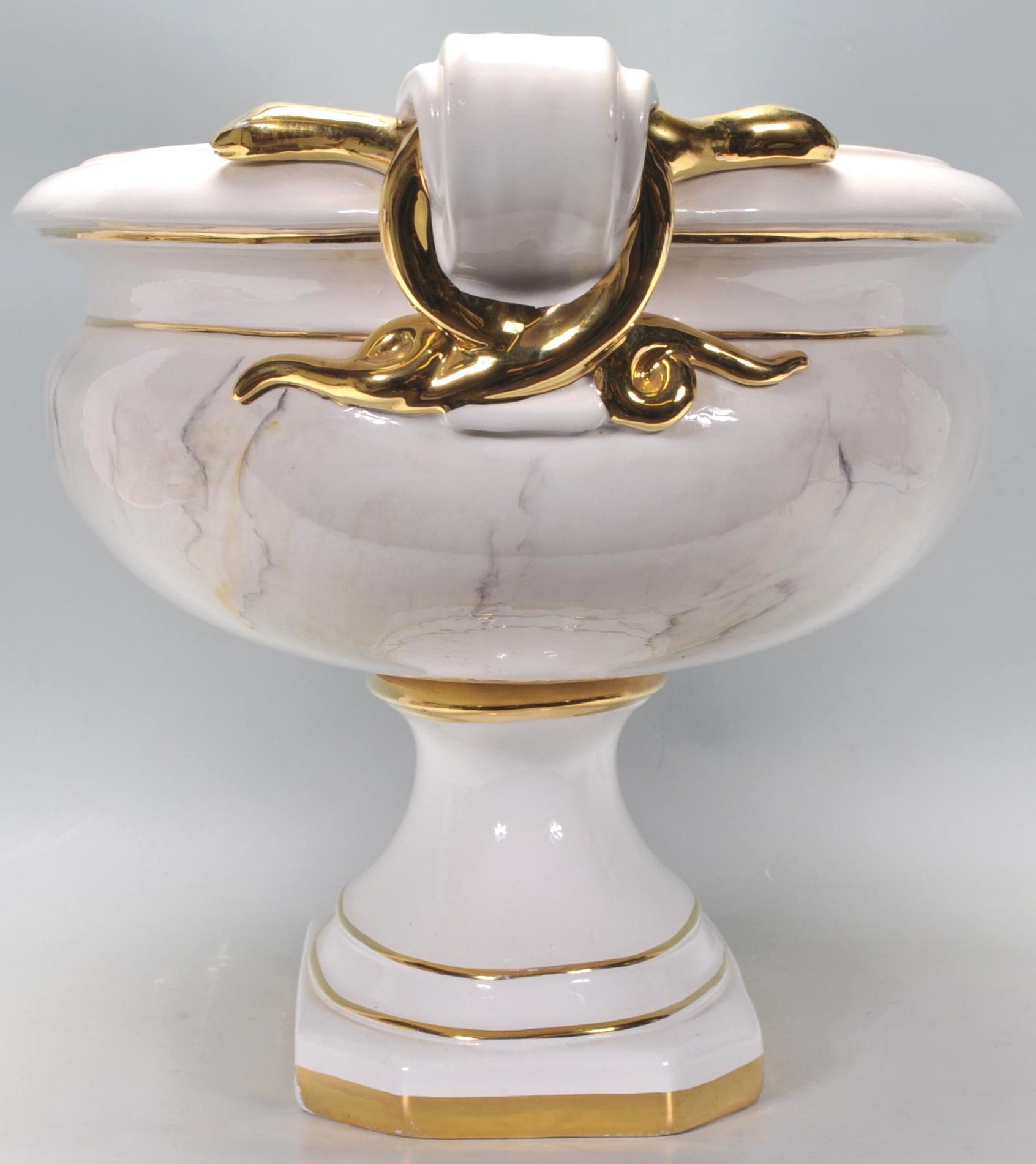 A good large ceramic urn planter of oval form having gilt banding with gilt ribbon decoration to the - Image 3 of 7