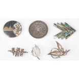 A group of six silver vintage brooches to include a herringbone design brooch set with abalone