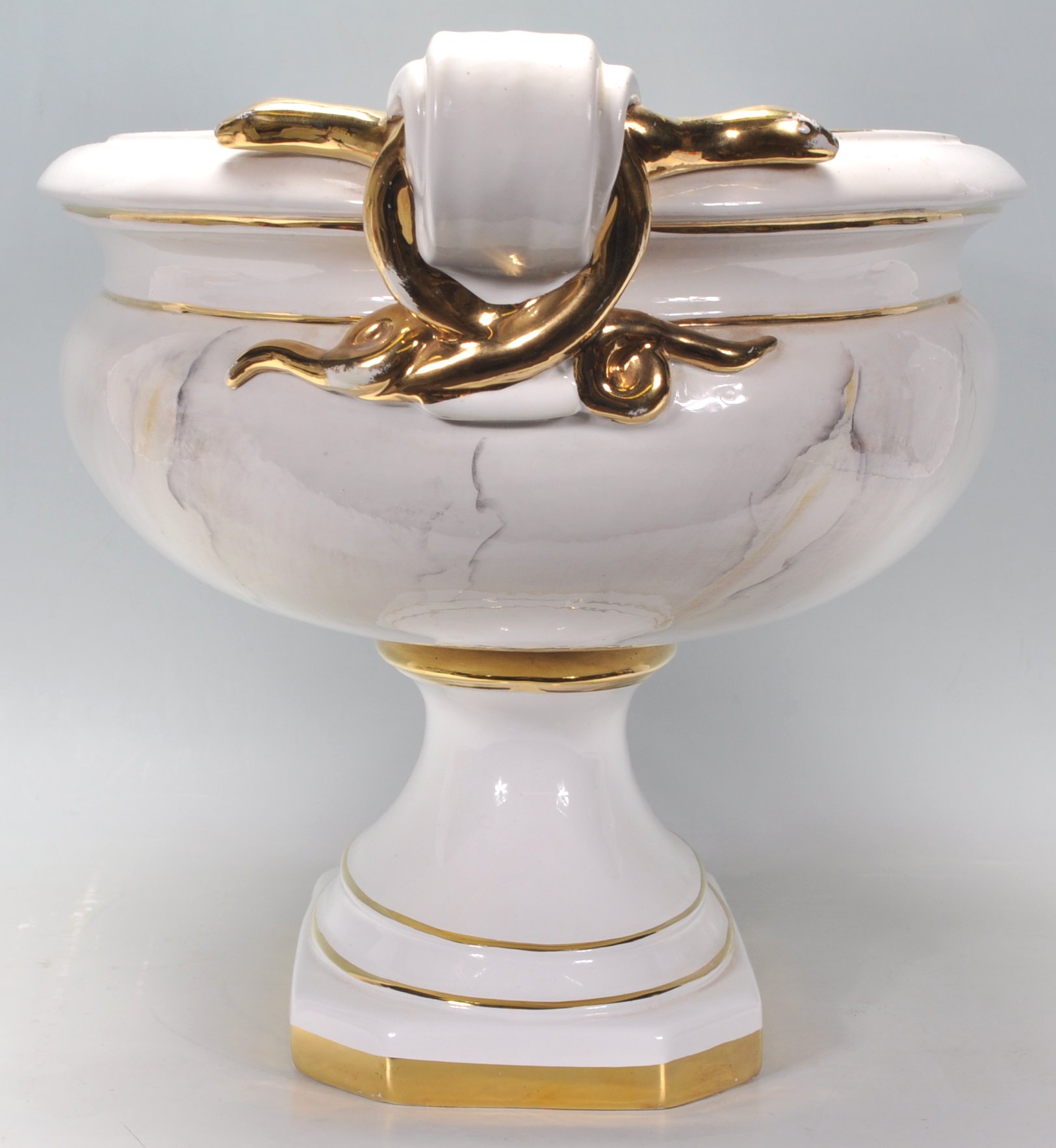 A good large ceramic urn planter of oval form having gilt banding with gilt ribbon decoration to the - Image 5 of 7