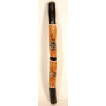 A 20th Century Didgeridoo musical instrument having hand painted decoration of fabric cover.