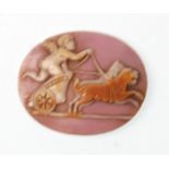 A lovely 19th Century antique cameo plaque depicting a lion drawn chariot with a cherubs on a purple