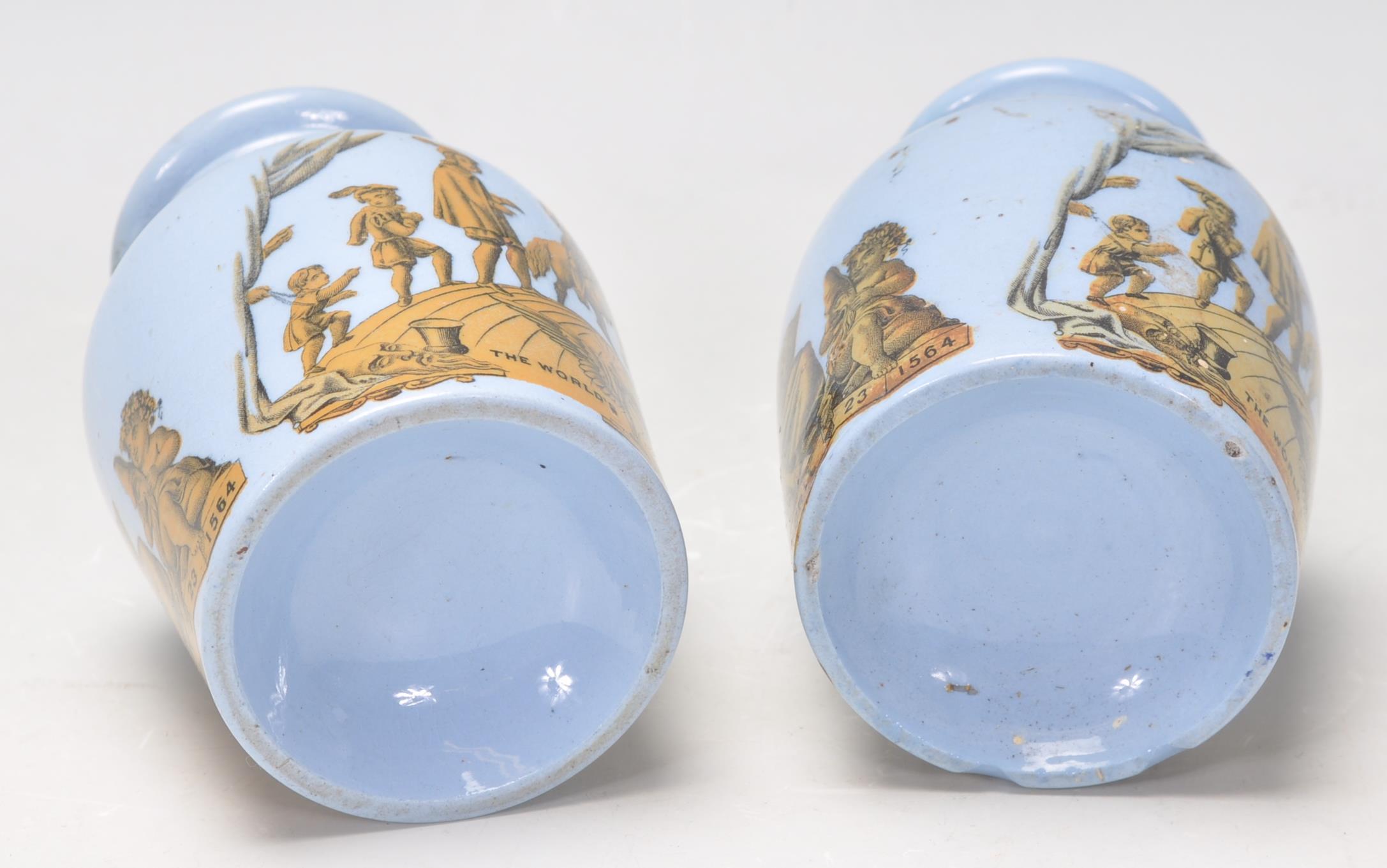 A pair of 19th century Pratt ware blue glaze Etruscan ware bottle vases each with Theatrical - Image 8 of 9