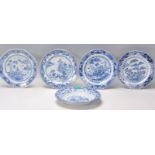 A collection of 19th Century Chinese blue and white plates to include a round plate decorated with