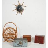 A selection of vintage retro items to include a bamboo magazine rack, a brass mounted wooden