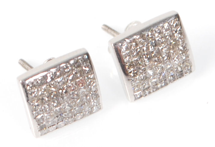 A pair of 14ct white gold ladies earrings having square heads set with a cluster of square cut