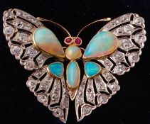 An Edwardian opal, ruby and diamond butterfly pend