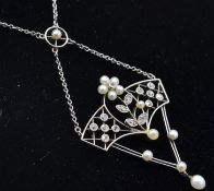 A white gold Art Nouveau pearl and diamond pendant