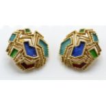 A pair of 18ct gold and enamel ear clips. The earr