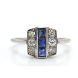 A platinum sapphire and diamond panel ring.Estimat