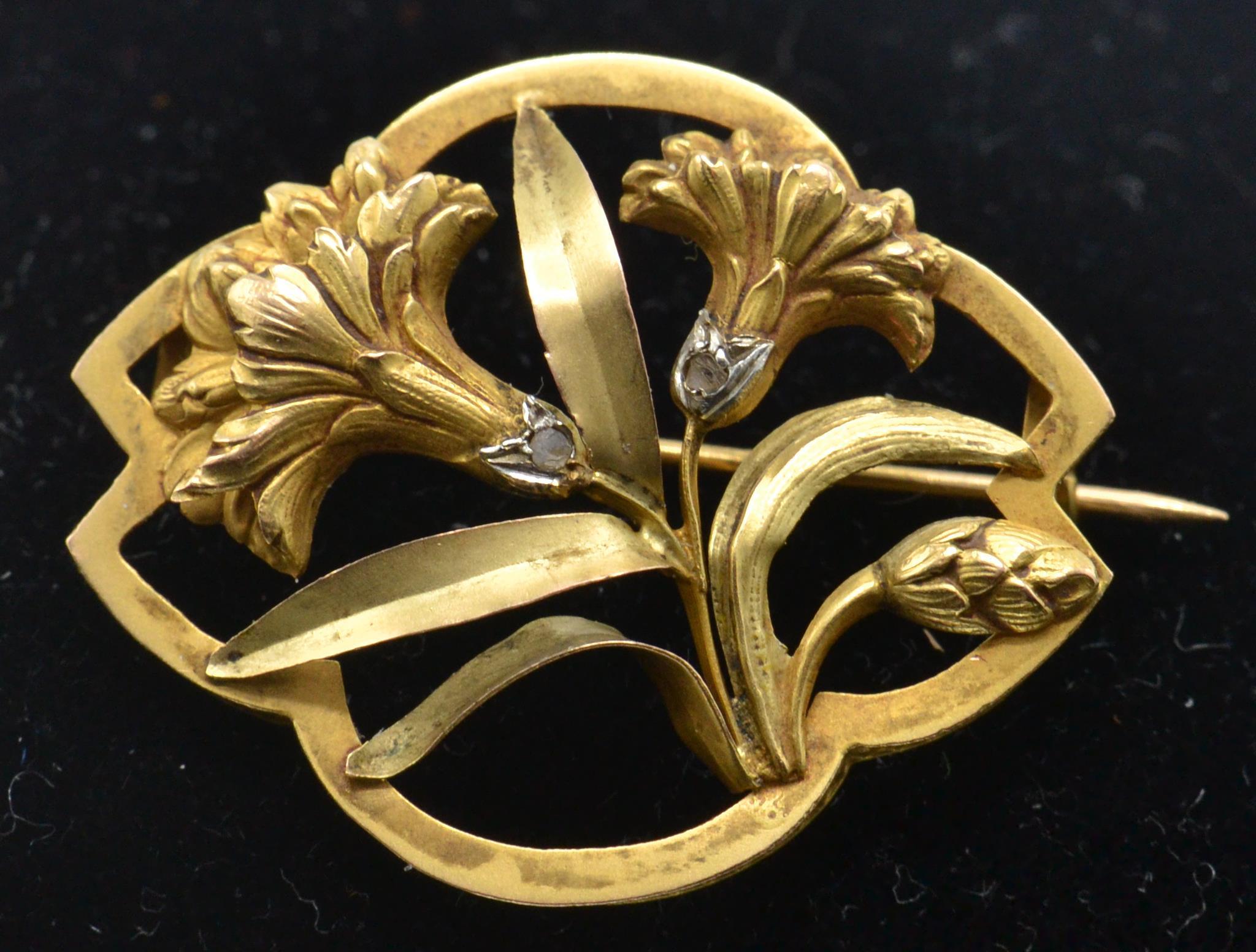 A French Art Nouveau gold and diamond brooch pin - Image 2 of 4