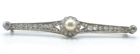 A 14ct white gold pearl and diamond bar brooch pin