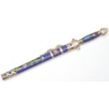 A vintage early 20th century Cloisonne Chinese paper knife letter opener having a blue ground with