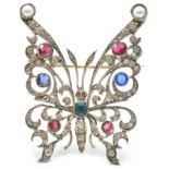 A believed 19th century silver, half pearl and paste set butterfly brooch. The butterfly set with