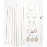 A collection of silver chains and bracelets to include  flat link, bar link CZ set, omega linked