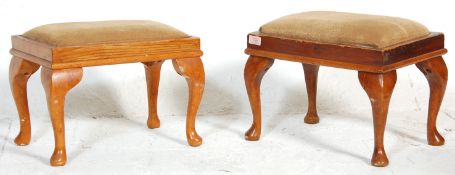 A near matching pair of vintage early 20th Century Queen Anne revival footstools. One of pine