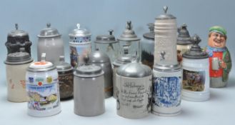 A collection of 20th Century German ceramic stein drinking glasses, to include glass, stoneware