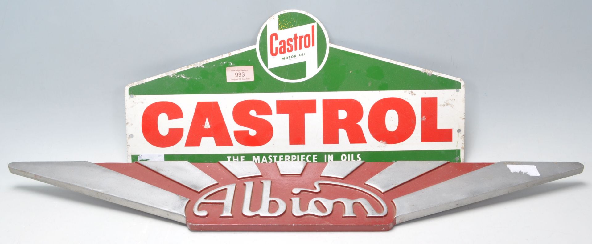 Castrol - an original retro vintage enamel type double sided advertising sign for Castrol oil.