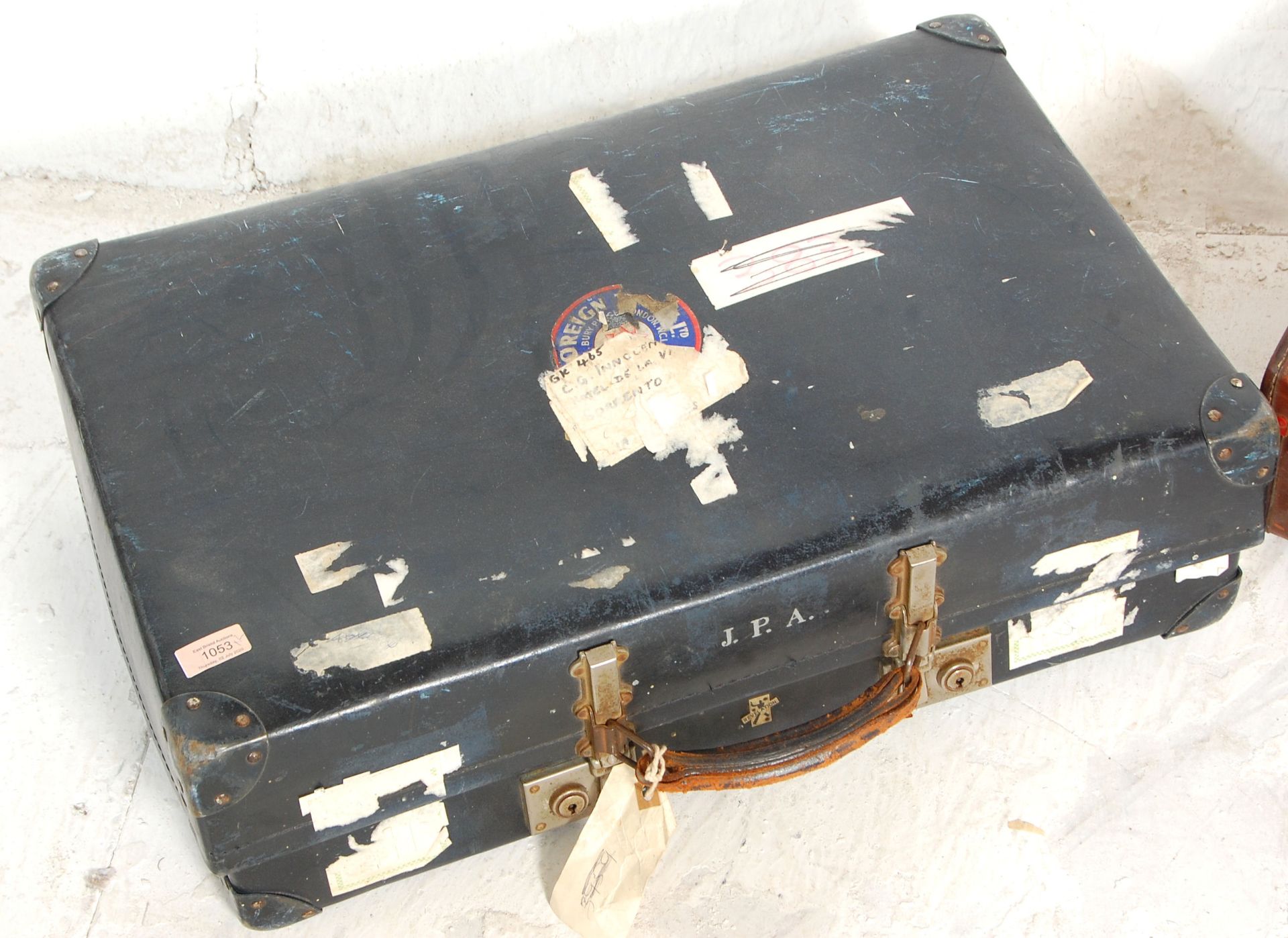 Two vintage retro mid 20th Century leather cased travelling suitcases / trunks to include a faux - Image 3 of 7