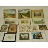 A collection of antique and vintage paintings and prints to include a pair of unsigned oil on