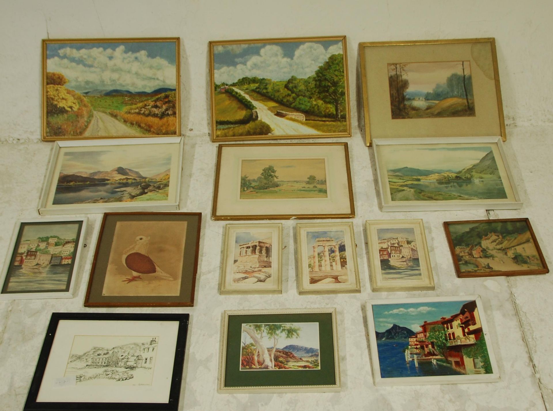 A collection of antique and vintage paintings and prints to include a pair of unsigned oil on