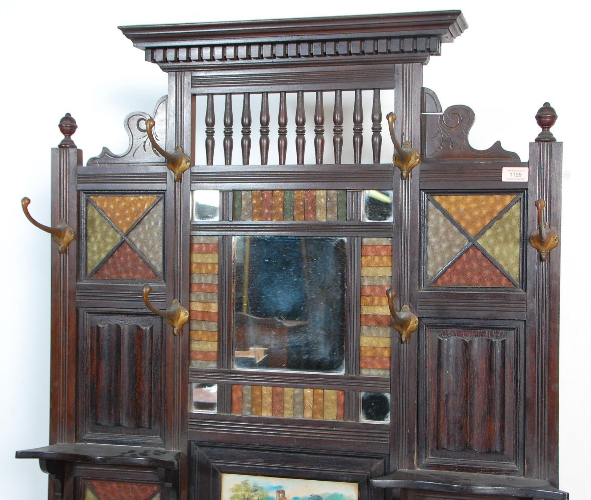 A 19th Century Victorian mahogany framed tiled hall stand with a carved pediment to the top, and a - Bild 5 aus 9