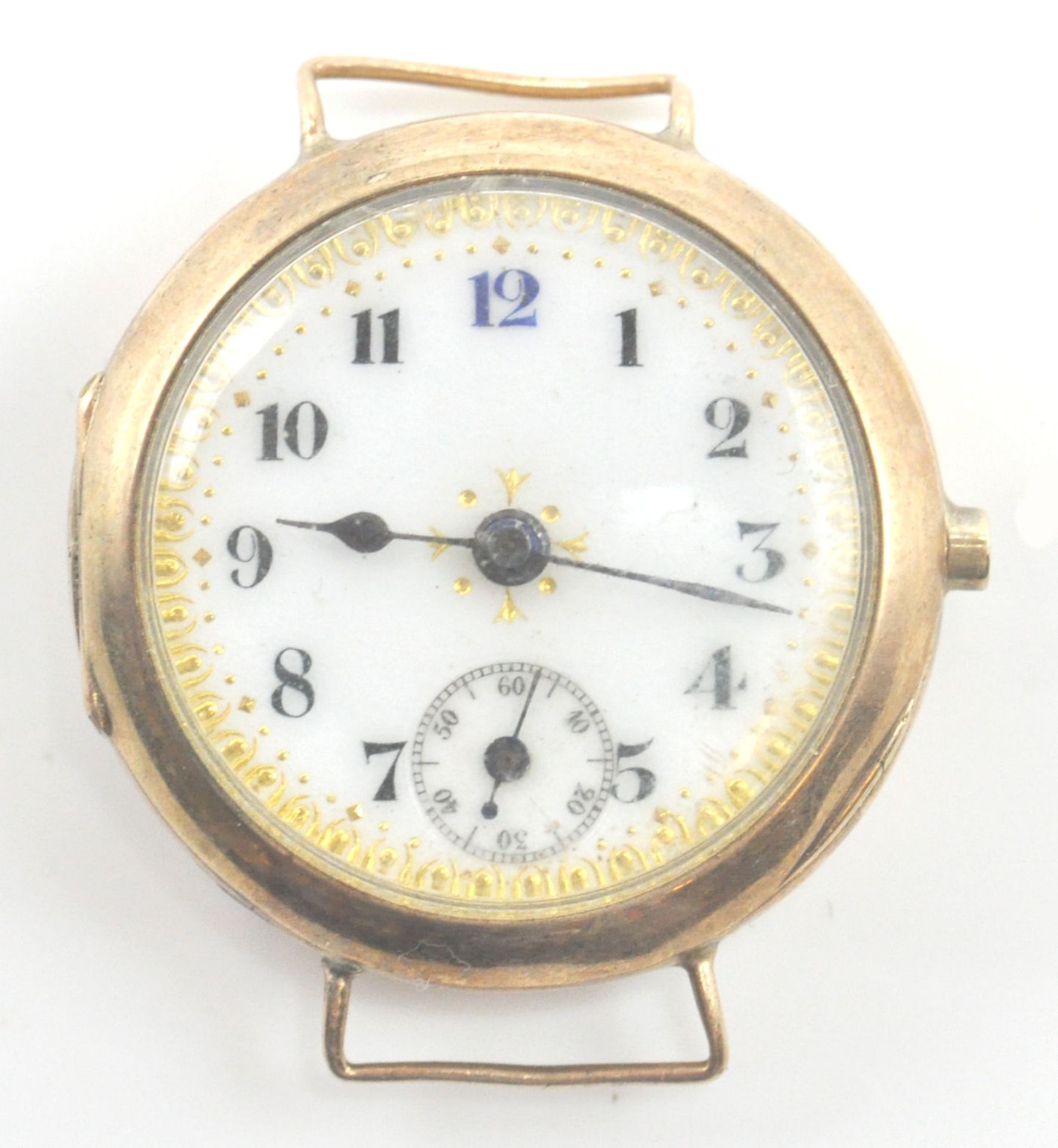 A 9ct gold hallmarked wristwatch fob with swiss movement marked Bird In Ring.Hallmarks rubbed,