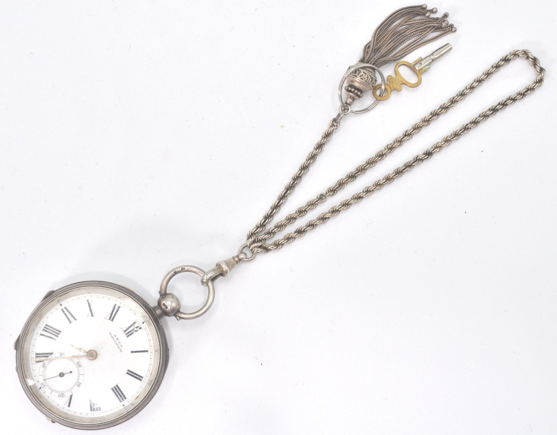 A 19th Century Victorian silver hallmarked open face pocket watch. The white enamel face having a