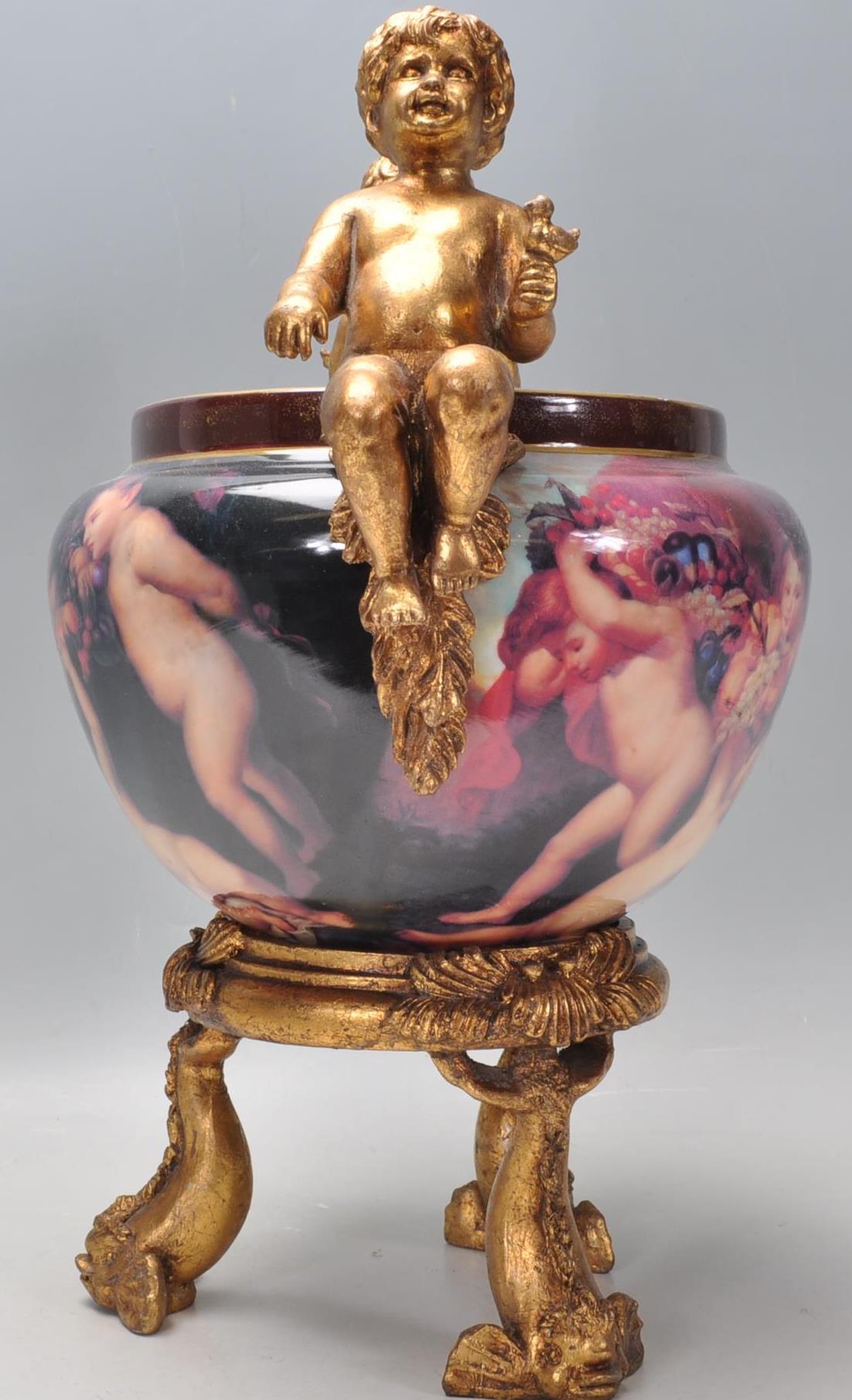 A 20th Century German porcelain jardiniere planter having gilt Maltese dolphin supports with shell - Image 2 of 7