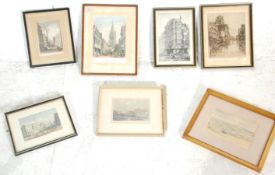 A group of six framed and glazed etchings dating from the early 20th Century with some coloured