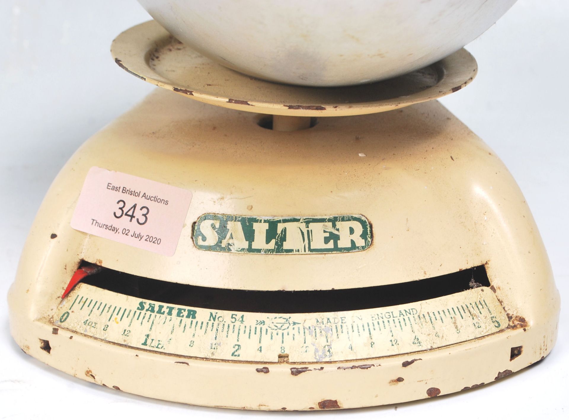 Two sets of vintage retro Salter shop scales both having cream enamels with green lettering,