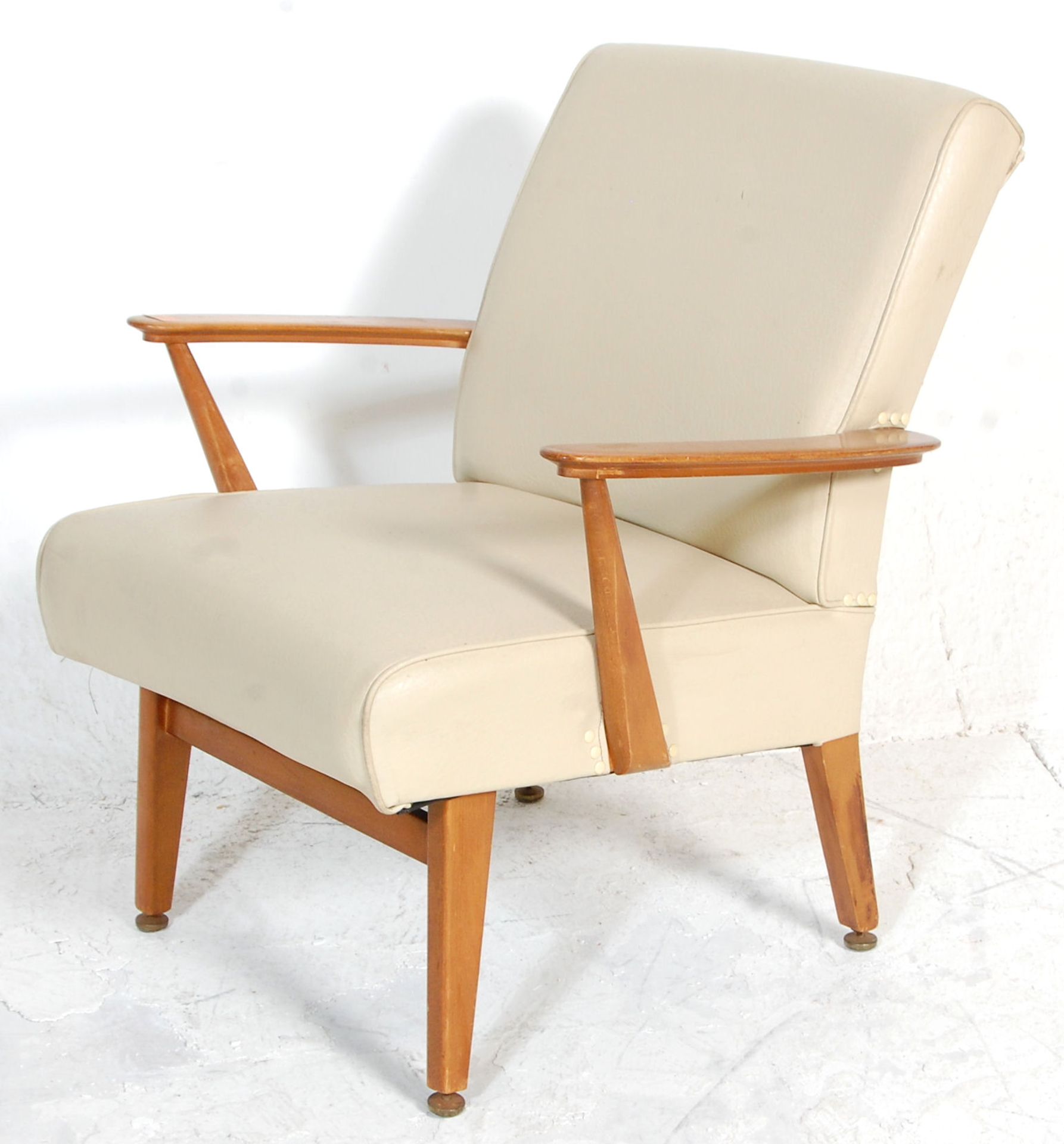 A good retro 20th Century teak framed armchair / chair having a white leather covered backrest and - Image 4 of 4